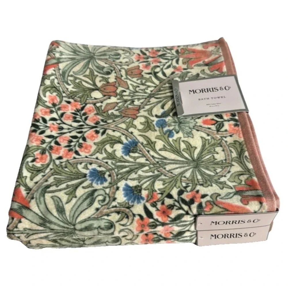 Morris & Co Woodland Weeds 2 Bath and 2 Hand Towels Plush Green Peach Set of 4